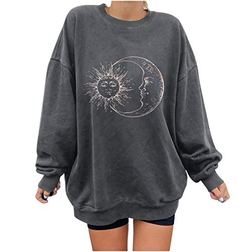 Women’s Sweatshirts Teen Girls Oversized Crewneck Vintage Graphic Sun Moon Print Pullover Casual Loose Long Sleeve Shirt Tops