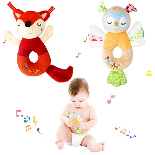 Funsland Baby Rattles Toys Soft Plush Hand Rattles Hand Grip Toys Stuffed Animal Rattles Shaker for 3 6 9 12 Months Infants Newborn 2 Pack