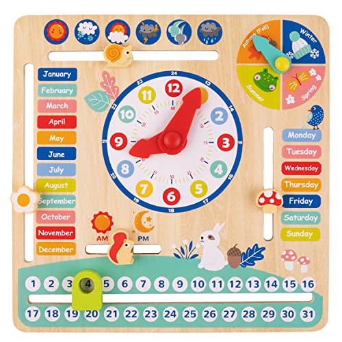 TOOKYLAND Montessori Educational Wooden Learning Toys Kids Daily Calendar My Calendar Clock Wooden Toys Gifts for Toddler Kids Age 3+