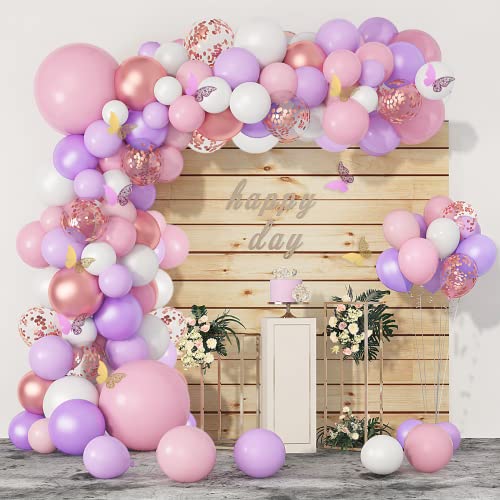 151 PCS Pink Balloon Garland Arch Kit Rose Gold White Pink and Purple Balloons Confetti Latex Balloons Butterfly Stickers Decorations for Birthday Party Wedding Baby Shower Decorations