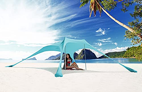Shades Beach Tent Extra Large Beach Shelter 6 Adults, Sun Shade, Beach Canopy, Beach Shade with 2 Aluminum Poles and Sand Bags(Light Blue, XL)