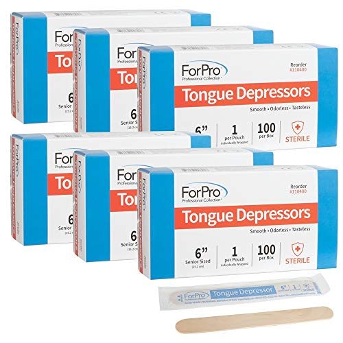ForPro Professional Collection Senior Tongue Depressors, Large Wax Applicator Sticks, 6″ Sized, Sterile, Individually Wrapped, 100 Count, Pack of 6