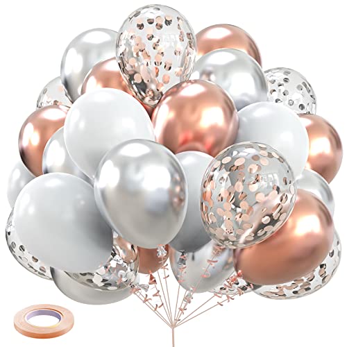Rose Gold Silver Confetti Latex Balloons, 60 pcs 12 inch White Metallic Silver Party Balloon with 33 Ft Rose Gold Ribbon for Birthday Wedding Anniversary Bridal Shower Decoration