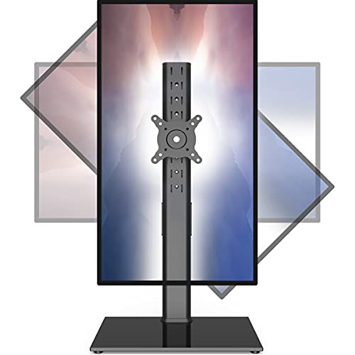 Single Monitor Stand Freestanding 27-43 Inch Monitor Arm Curved Screen Monitor Mount Tempered Glass Base Adjustable Motion Tilt -15° to 10° Swivel ±45° Rotation 360° Weight Capacity 77lbs HT05B-003