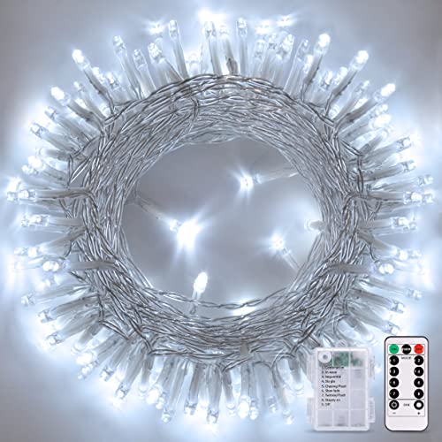 JMEXSUSS 33ft 100 LED Battery Operated Christmas Lights, Outdoor Battery Power String Lights Waterproof, Twinkle Fairy Mini Lights with 8 Modes Remote Indoor (Cool White)