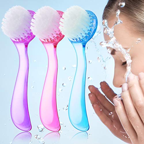 3 Pieces Facial Cleansing Brush Acrylic Handle Face Scrubbers Soft Bristle Exfoliator Cleaner Brush Scrub Exfoliating Facial Brush for Face Care Makeup Skincare Removal (Pink, Purple, Blue)