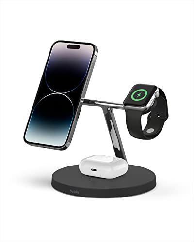 Belkin MagSafe 3-in-1 Wireless Charging Stand (Older 2021 Release) for Apple Watch, iPhone Series, AirPods – Black