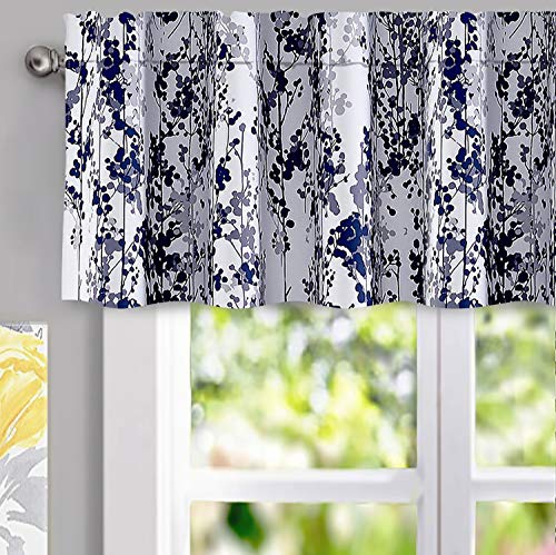 DriftAway Leah Abstract Floral Blossom Ink Painting Thermal Insulated Window Curtain Valance Rod Pocket 52 Inch by 14 Inch Plus 2 Inch Header Navy Silver Gray 1 Pack