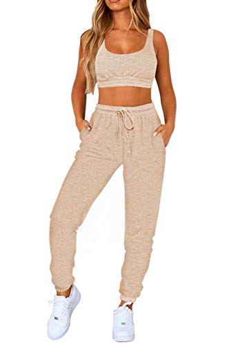 LOV ANNY Women’s Athletic Loose Pajama Set Sweatsuits Bra and Sweatpants Set Khaki XL