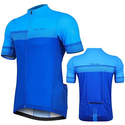 West Biking Men’s Cycling Jersey Short Sleeve Full Zipper Summer Biking Shirts Breathable Quick Dry Clothing with 4 Pockets Blue