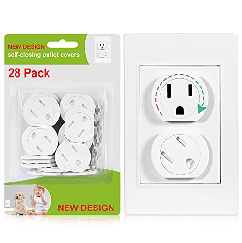 Outlet Covers (28 Pack) Self-Closing Child Proof Socket Covers 3-Prong Swivel Outlet Plug Covers Upgraded Adhesive Installation Comes with Extra Sticker Electrical Outlet Protectors for Baby