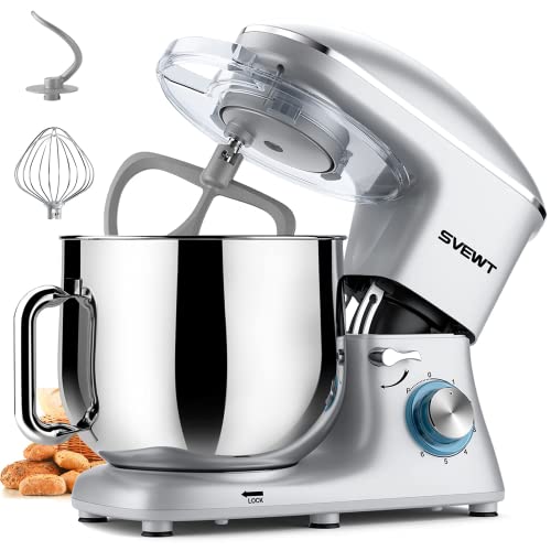 Stand Mixer, 8.5 QT 660W 6 Speed Tilt-Head Food Dough Mixer, Electric Kitchen Mixer with Dough Hook, Wire Whip and Beater Attachments for Family Gather… (Silver)