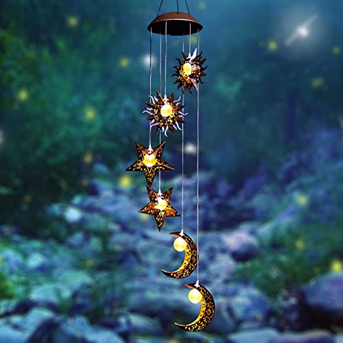 Tryme Solar Wind Chimes with Sun Moon Star Solar Powered Wind Chimes Warm LED Windchimes Hanging Outdoor Lights Unique Decor Gifts for Wife Mom Grandma Neighbors