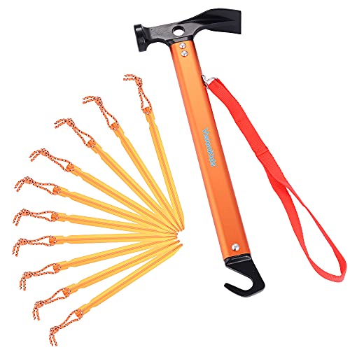 VisionKids Tent Stake Hammer with Hook, 12″ 10pcs Tent Stakes Portable Lightweight Multi-Functional Carbon Steel Aluminium Tent Stake Hammer for Outdoor. Tent Hammer Camping Accessories Kit (Orange)