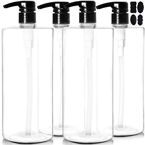 Youngever 4 Pack Pump Bottles for Shampoo 32 Ounce (1 Liter), Empty Shampoo Pump Bottles, Plastic Cylinder with Lockdown-Leak Proof-Pumps (Black Pump)