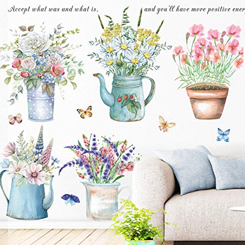Flowers Butterfly Wall Stickers Spring Garden Potted Plant Wall Decals Removable DIY Peel and Stick Art Murals for Bedroom Living Room Kitchen Nursery Classroom Home Decoration (Flower)