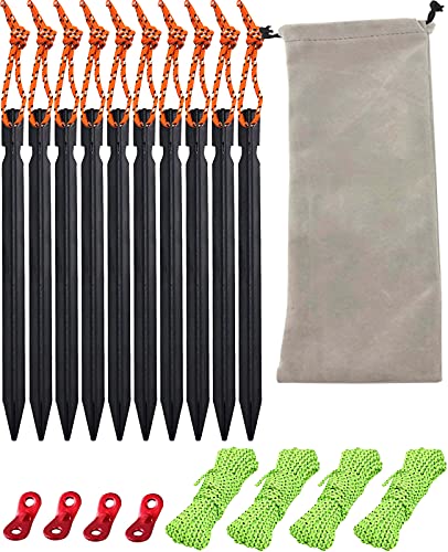 ANCHOVY Outdoors Tent Stakes Pegs,10 Pack Aluminum Ultralight Tent Pegs with Reflective Cord and 5 Pack 4m Reflective Guy Lines Suitable for Camping Trip, Hiking and Gardening,#P509 (Black)