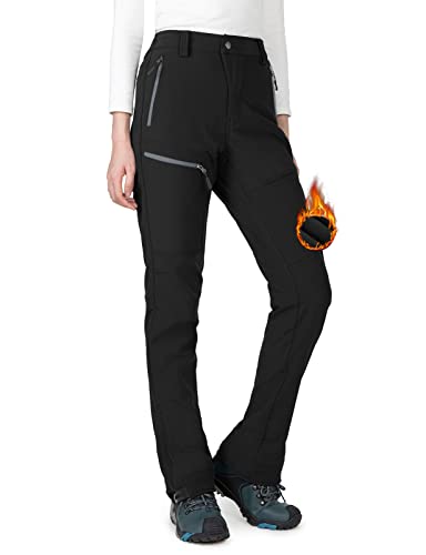 Wespornow Women’s-Snow-Ski-Pants for Winter Outdoor Fleece-Lined-Water-Resistant-Hiking-Insulated-Pants with Zipper Pockets(Black, Medium)