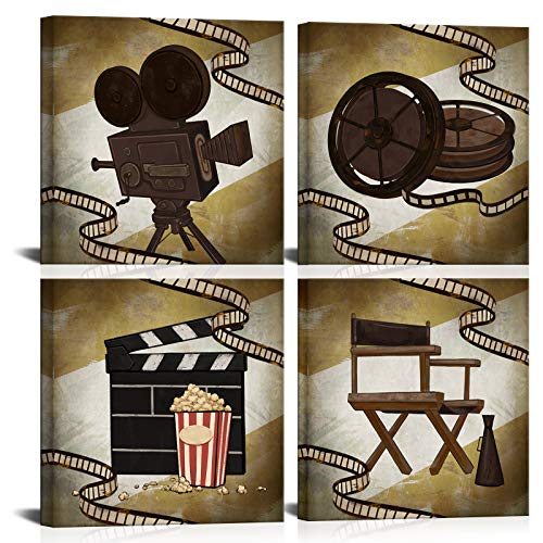 SkenoArt 4 Piece Canvas Wall Art Vintage Film Clapper Paintings for Living Room Movie Projector Picture Old Cinema Artwork Movie Theme Party Decorations Theater Room Decor Framed Ready to Hang