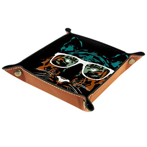 Fashion Hipster Tiger With Glasses Office Desk Organizer Storage Box Leather Tray Holder Desktop Stationery Catchall Multi-Functional PU Leather for Wallets Keys Coins Cell Phones and Office Equipment