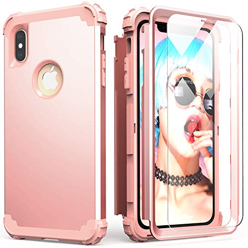 IDweel iPhone Xs Max Case with Tempered Glass Screen Protector, 3 in 1 Shock Absorption Heavy Duty Protection Hard PC Cover Soft Silicone Bumper Full Body Durable Case, Rose Gold