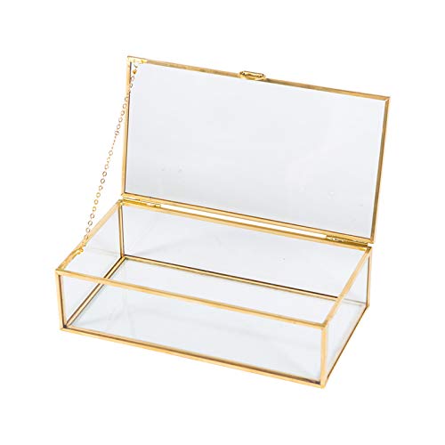 SMART WYCHE 8″ Glass Box Keepsake Box with Hinged Lid for Women and Girls, Suitable for Storage Jewelry, Trinkets, Flowers and More, Vintage Brass Frame (Medium)