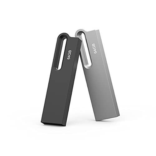 Aiibe 64GB Flash Drive 2 Pack Metal USB Drive Thumb Drive 64 GB USB 2.0 Memory Stick Waterproof USB Flash Drive Portable Jump Drive Zip Drives with Keychain (64G, 2 Colors: Black Silver)