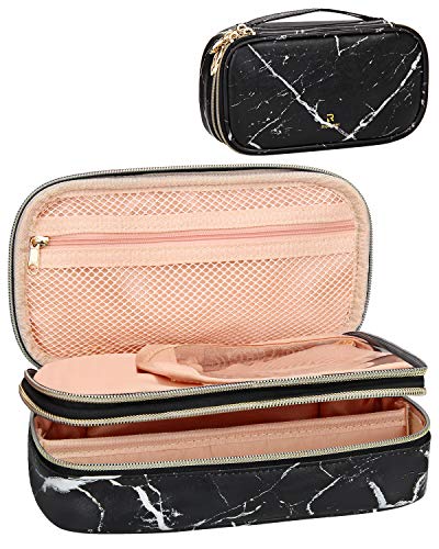 Relavel Makeup Bag for Women Small Makeup Case Travel 2-Layer Brush Bag Marble Make up bag Makeup Organizers and Storage Cosmetic Pouch Artist Professional Makeup Brushes Holder (Small, Marble Black)