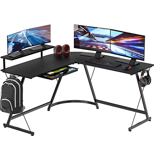 SHW Vista L-Shape Desk with Monitor Stand, Black