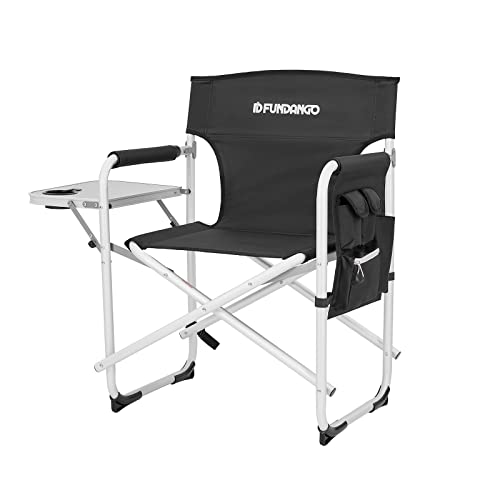 FUNDANGO Aluminium Camping Director Chair with Armrest, Portable Lightweight Folding Outdoor Camping Chair with Side Table & Umbrella Holder, Full Back Lawn Chair for Camping Fishing Picnic Stadium