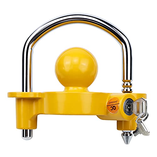 Cenipar Universal Trailer Hitch Security Adjustable Lock Tow Ball Coupler,Heavy-Duty Steel Fits 1-7/8”,2”,2-5/16” Couples (Yellow)