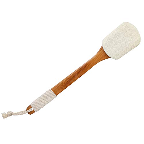 Leotruny 100% Natural Exfoliating Loofah with Long Wooden Handle Shower Back Brush (Off-White (1 Pack))