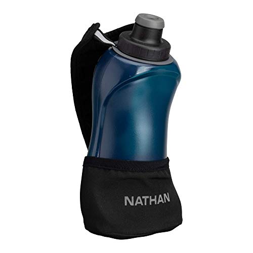 Nathan Running Handheld Quick Squeeze. No-Grip Adjustable Hand Strap. 12oz / 18oz / Insulated. Reflective Hydration Water Bottle. (18oz, Black / Blue)