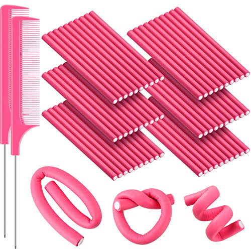 60 Pieces Flexible Foam Curling Rods Twist Foam Hair Rollers No Heat Hair Rods Rollers and Stainless Steel Rat Tail Flexible Rods for Long Hair Short Hair Women Girls (Pink,0.3 x 7 Inch)
