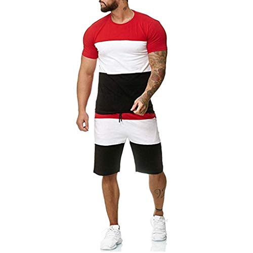 Mens Shorts Outfit 2 Piece Set Short Sleeve Shirts Drawstring Pants Running Casual Workout Activewear Tracksuit Red