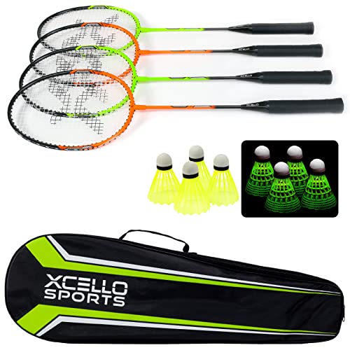 Xcello Global Sports Outdoor Backyard Badminton Game Set with LED Shuttlecocks – Includes 2 Orange Rackets, 4 Green Rackets, 4 Neon Yellow Shuttlecocks, 4 LED Shuttlecocks, and Carry Bag