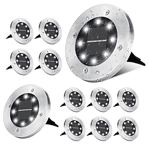 ODEETRONIC Solar Ground Lights, 12 Pack 8 LED Solar Disk Lights, Outdoor in-ground Light Waterproof, Flat Solar Light, Round Solar Puck Light for Landscape, Pathway, Yard, Garden, Walkway, Cool White