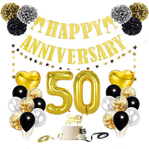 50th Anniversary Decorations, Happy 50th Wedding Anniversary Decorations with Banner, Cake Topper, Huge Number Letter, Star Hanging, Paper pom poms, Balloons for Happy 50th Anniversary Decorations