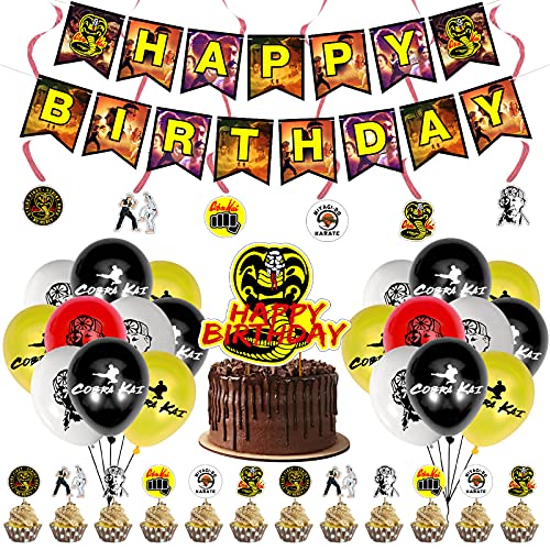 90Pcs Cobra Kai Birthday Party Supplies,Cobra Kai Swirls Party Decoration ,Cobra Kai Birthday Party Banner for Kids Teens Themed Birthday Party Decor Supplies