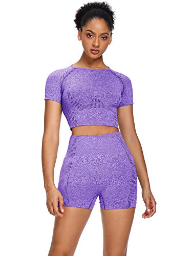 Sytiz Women Seamless Yoga Outfits 2 piece Set Workout Gym Shorts + Short Sleeve Crop Top (Purple, l)