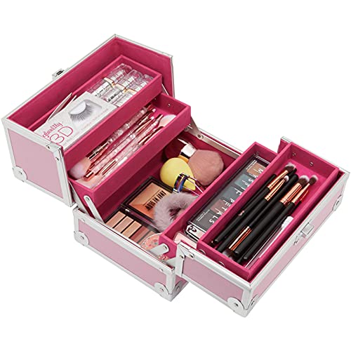 Pink Makeup Train Case with Lock and 2 Keys, 3-Tier Cosmetic Storage Box | The Storepaperoomates Retail Market - Fast Affordable Shopping