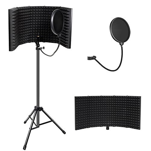 Studio Recording Microphone Isolation Shield with Heavy Duty Tripod stand, Pop Filter.High Density Absorbent Foam to Filter Vocal Suitable for Blue Yeti and Any Condenser Microphones