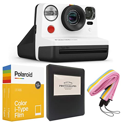 Polaroid Now i-Type Instant Camera – Black & White + Polaroid Color i-Type Film (16 Sheets) + Black Album + Neck Strap – Gift Bundle