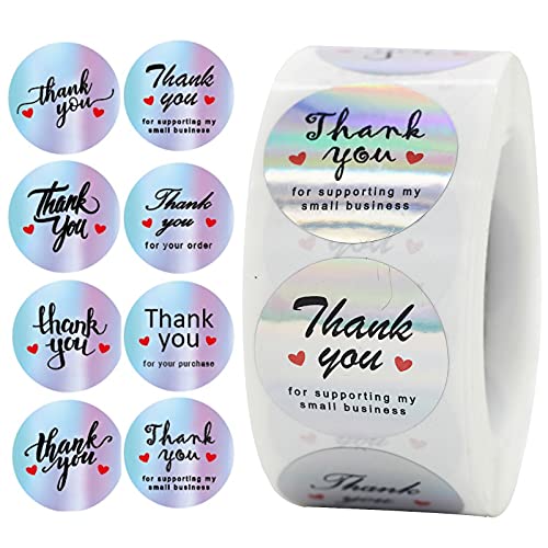 HLZDS Thank You Stickers Roll 500pcs 1″ Thank You for Supporting My Small Business Stickers with 8 Designs Holographic Thank You Stickers Labels Thank You Small Business Stickers for Packages