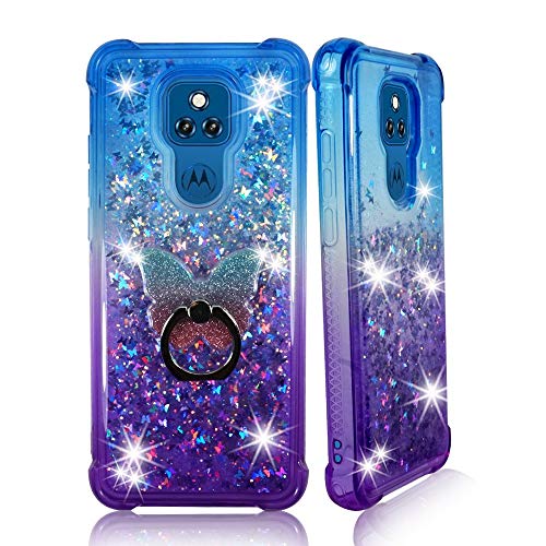 ZASE Moto G Play 2021 Liquid Glitter Sparkle Bling Cute Girls Phone Case Design for Motorola G Play 2021 6.5-inch Floating 3D Butterflies Waterfall Quicksand w/Phone Ring Holder (Gradient Blue Purple)