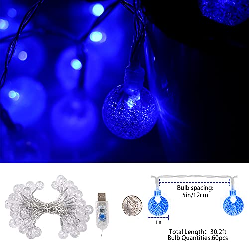 YZIXNUY Solar String Lights Outdoor Waterproof, 30.2FT 60 LED Crystal Globe Fairy Lights Solar Powered& USB Plug-in Powered with 8 Lighting Modes for Indoor Outdoor Party Home Backyard Wedding (Blue) | The Storepaperoomates Retail Market - Fast Affordable Shopping
