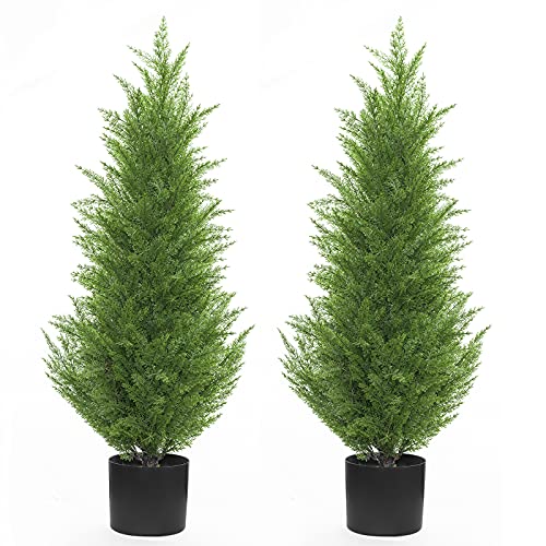 Kissilk Artificial Cedar Pine Tree Silk Tree Arborvitae Tree Perfect Faux Plants Potted UV Rated Plant for Indoor Outdoor, Home Garden Office Store Decoration,3 Feet-2 Pack (3 Feet-2 Pack)