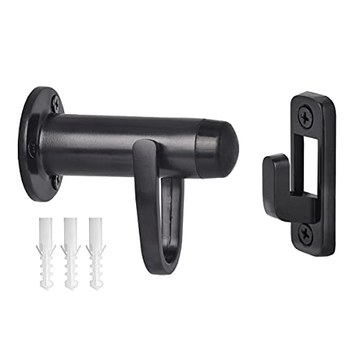 HOMOTEK Heavy Duty Latch Hook Stop,Door Holder Stopper with Sound Dampening Rubber Bumper Wall Mounted, Black, 1 Pack