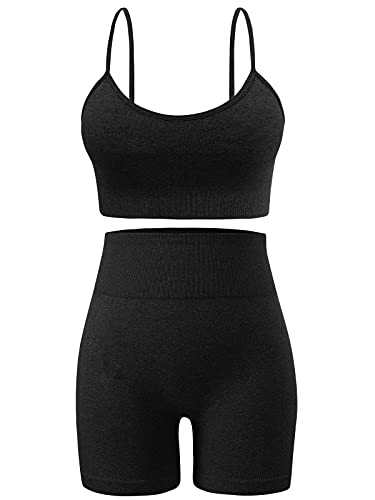 Seamless Workout Sets for Women 2 Piece Outfits High Waist Yoga Shorts Adjustable Padded Sports Bra and Biker Short Set (A0010S-Black)
