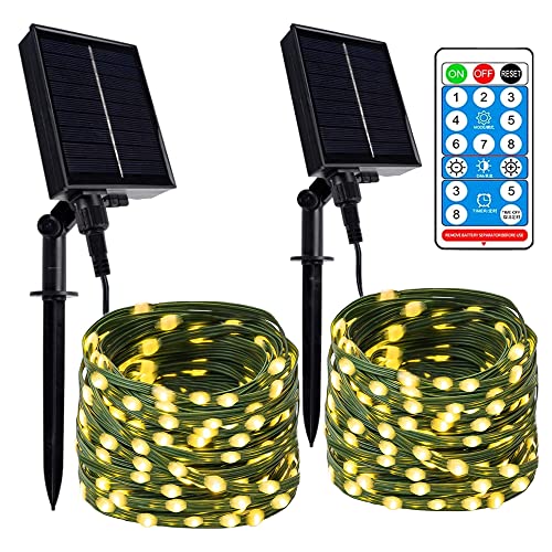 kemooie 2 Pack Outdoor Solar String Lights, 200 LED Upgraded Solar Fairy Lights with Remote, 8 Twinkle Modes Outdoor Christmas Lights for Garden,Christmas, Decorations(Warm White)